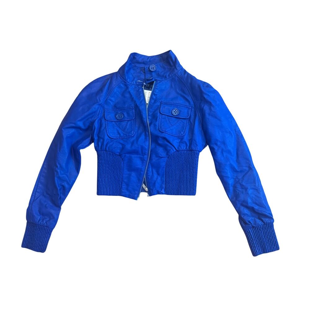 NWT Bebe Vintage Y2K Electric Blue Cropped Moto Bomber Jacket M RARE